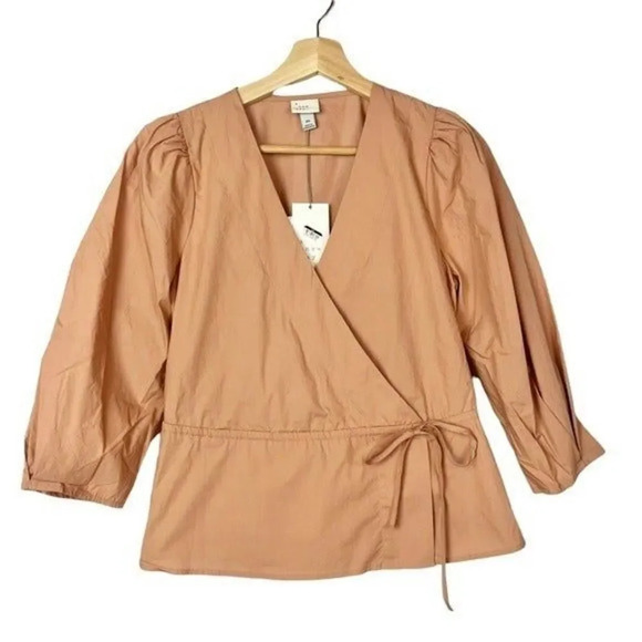 A New Day Blush Pink Puff Sleeve Wrap Peplum Long Sleeve Blouse XS - Picture 2 of 5